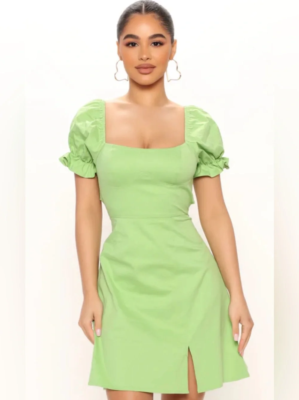 Fashion Nova Lime Green Puff Sleeve Square Neck Mini Dress size XL NWT